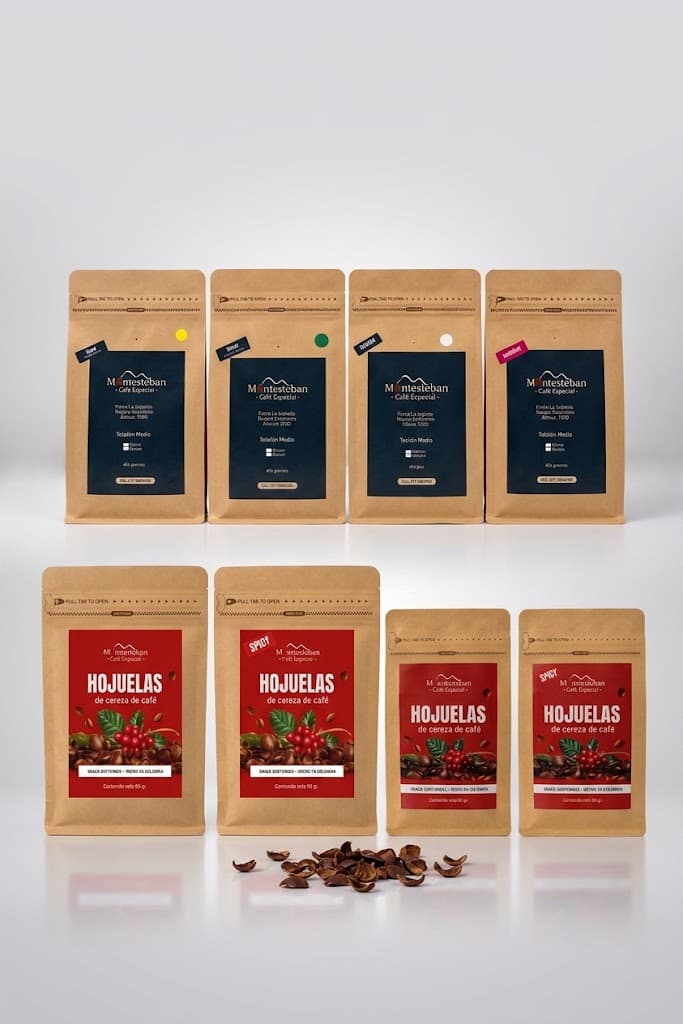 Portafolio de productos Montesteban: cafés y Hojuelas de Cereza de Café.