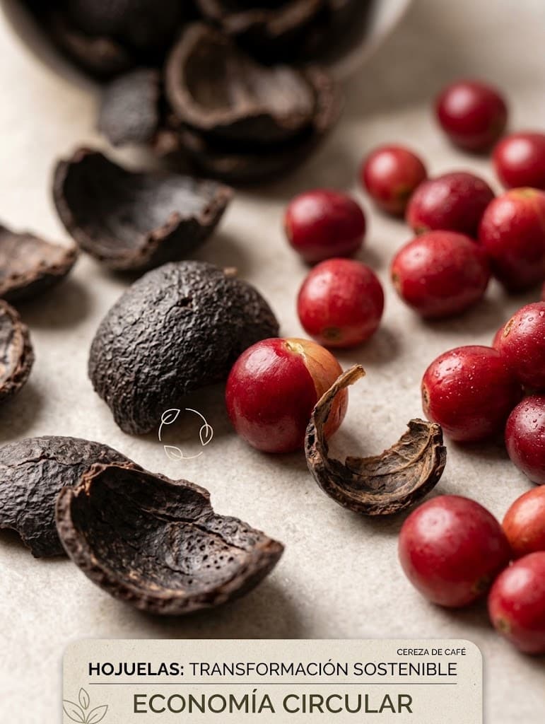Cerezas de café junto a Hojuelas elaboradas a partir de su cáscara.
