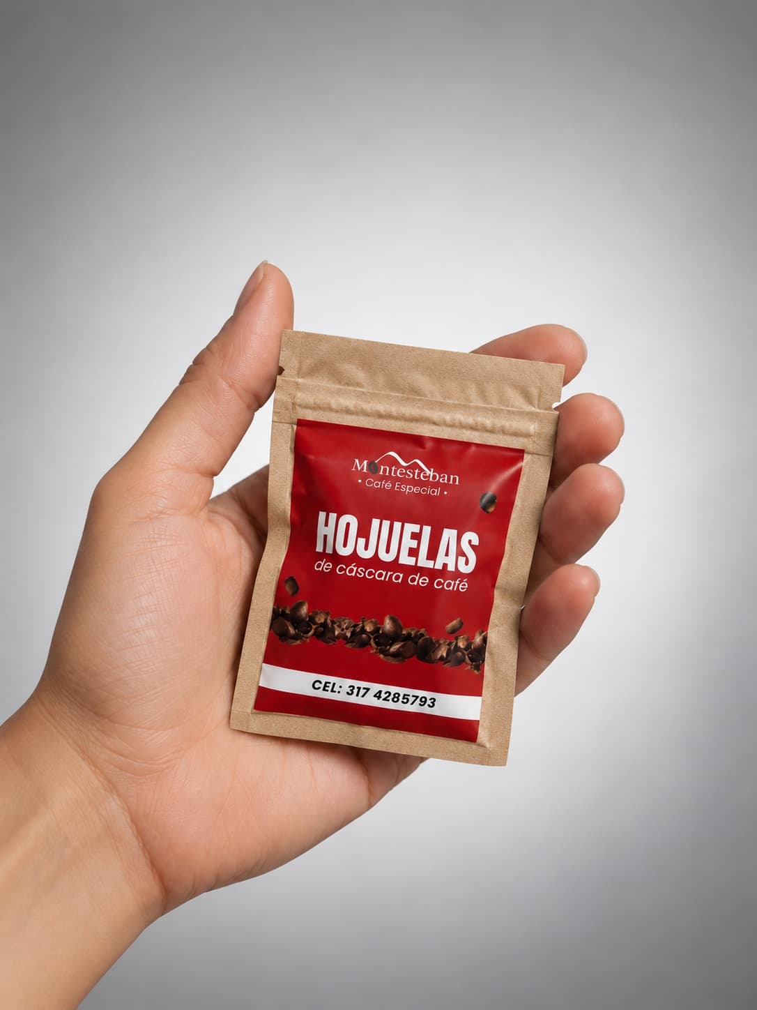Empaque kraft de Hojuelas Dulces de Cereza de Café Montesteban, presentación 10 g.