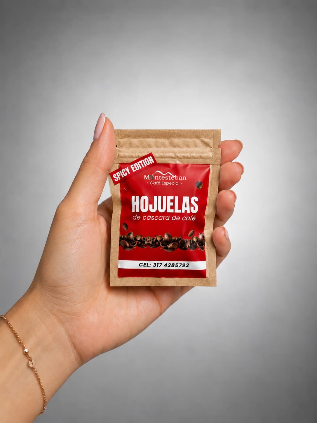 Empaque kraft Spicy Edition de Hojuelas Picantes de Cereza de Café Montesteban, presentación 10 g.